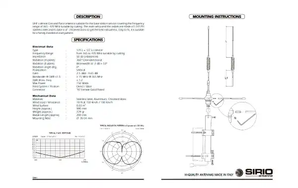 SIRIO GP 365-470C Antena base UHF de 365 a 470 Mhz. con tabla de corte