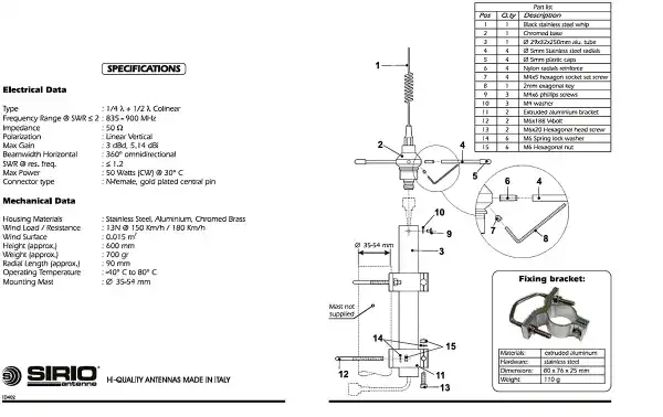 SIRIO GP 868 C Antena base omnidireccional UHF de 835 a 900 Mhz