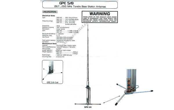 GPE2758 SIRIO Antenne de base CB 27 Mhz, onde 5/8. Longueur 6 mètres