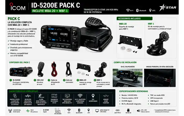 Émetteur VHF 144/UHF 430 MHz ICOM ID-5200E PACK C. Comprend le MBF-1-MBA20.