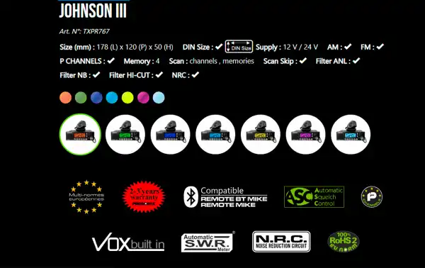 PRESIDENT JOHNSON-III 12 & 24v CB 27Mhz 40 channels with DIN/ISO support