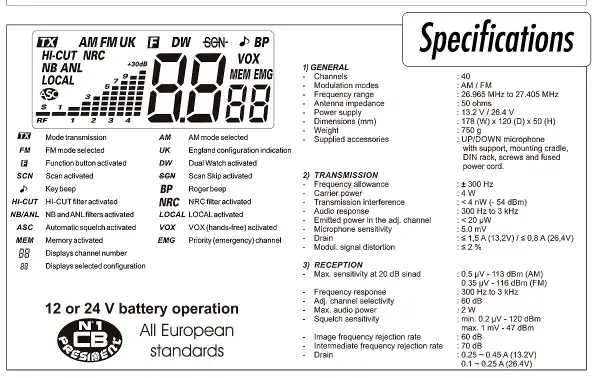 PRESIDENT JOHNSON-III 12 & 24v CB 27Mhz 40 channels with DIN/ISO support