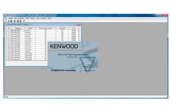 Logiciel de programmation de walkie KPG173D TK3501. Une fois que vous avez acheté et complété l'achat, il sera envoyé dans les 24 heures. par mail la licence d'activation. Un câble PC Kenwood KPG22U ou TLUSB102 est requis