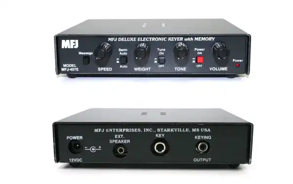 MFJ-407E Manipulador de morse electronico con memoria. Puede usar el modo automático con una paleta simple o doble. Genera automáticamente puntos y rayas presionando la paleta. Puede cambiar a un modo de 