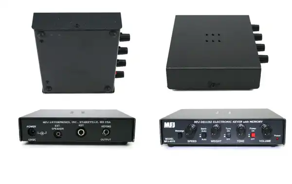 MFJ-407E Manipulador de morse electronico con memoria. Puede usar el modo automático con una paleta simple o doble. Genera automáticamente puntos y rayas presionando la paleta. Puede cambiar a un modo de 