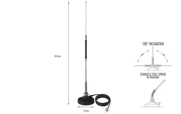 SIRIO MINI MAG 27 Antena de meia onda com comprimento de base magnética de 63 cm