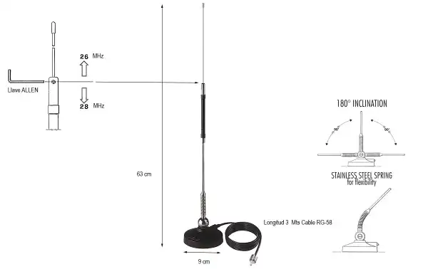 Antena de media onda con base magnetica, con muelle y iclinación 180º: Acero inoxidable. Con 3 metros de cable RG 58 conector PL