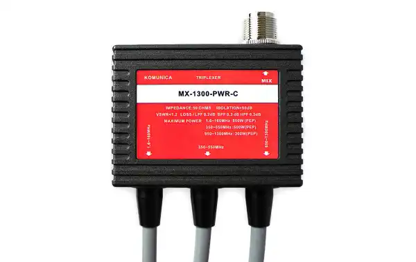 The KOMUNICA MX-1300-PWR-CABLE is a triplexer with a 35 cm long cable that allows operation in three different frequency ranges using a single antenna. This device is useful in amateur radio and communication applications where the flexibility to transmit