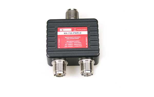 The KOMUNICA MX-720-PWRD is a device known as a "duplexer" that is used in amateur radio and communication applications to allow the use of a single antenna to operate in multiple frequency bands without the need to physically change the antenna
