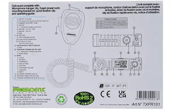 Station Président BILL-II ASC CB 40 chaînes AM/FM. La taille extrêmement compacte et la construction en métal coulé du President BILL-II ASC le rendent pratiquement indestructible. Microphone avec canaux de montée et de descente, norme multi-européenne