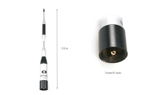 La antena móvil KOMUNICA PWR-SB-8 es una antena bibanda diseñada para operar en las bandas de frecuencia VHF (144 MHz) y UHF (430 MHz