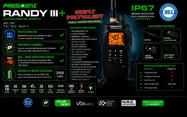 Talkie-walkie portable PRESIDENT RANDY III PLUS AM/FM CB 27 MHz. 40 canaux AM/FM et batterie au lithium 2100 mAh.