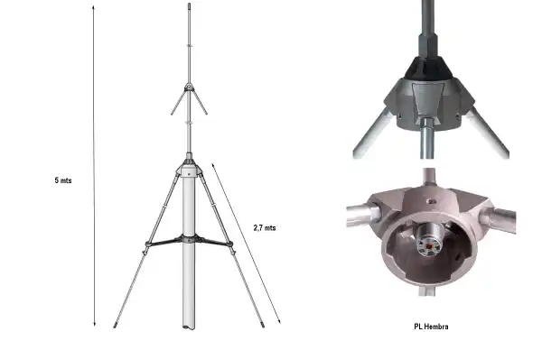 Tres Radiales: La antena está equipada con tres radiales que contribuyen a su rendimiento general. Los radiales son elementos importantes para mejorar la eficiencia de la antena y su capacidad de irradiación.