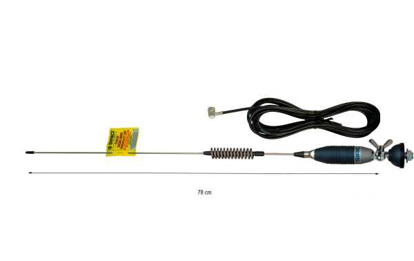 Sirio SUPER-900 mobile antenna - CB 1/2 wave mobile antenna. - 17/7 PH stainless steel conical rod. - Chrome. Length 78 cm. 180 ° tilt and adjustable, detachable whip for car wash.