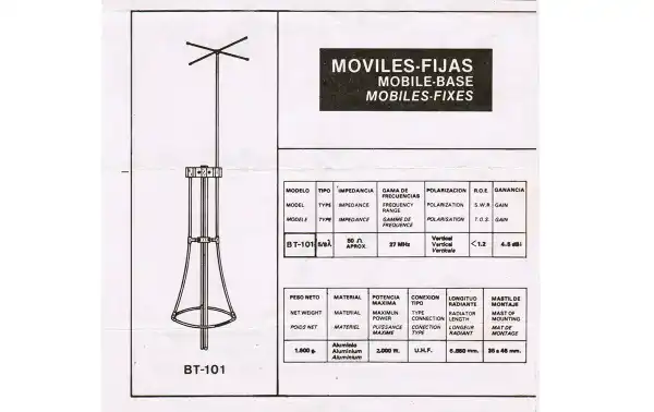 Tagra BT-101 Base antenna CB 27 mhz ballerina type, high performance antenna famous for its high performance in CB, ideal for locations where it is not required to see much the antenna, it is not necessary to adjust the ROE comes factory adjusted.