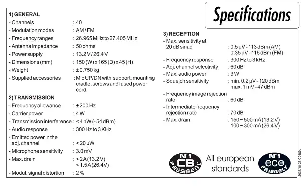 President TAYLOR-CL CB27 Transmitter voltage 12/24 v CH 40 Channels