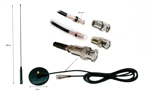 The Nagoya UT-72-BNC male dual band magnetic mobile antenna is a high power antenna designed for use in vehicles. It has a length of 48 centimeters and a 2.95-meter RG-58 cable that allows connection to a radio or communication equipment. It is compatible