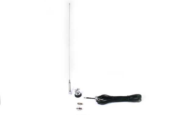 MAAS VU108550 Antenne mobile professionnelle 1/4 d'onde. Avec ressort et papillon. Réglable à la fréquence de travail par découpage. Fourni avec 5 mètres de câble RG-58 de haute qualité et un connecteur FME à l'extrémité pour une installation faci