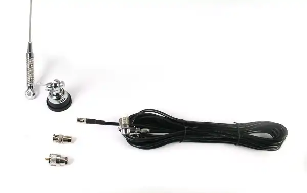 MAAS VU108550 Antenne mobile professionnelle 1/4 d'onde. Avec ressort et papillon. Réglable à la fréquence de travail par découpage. Fourni avec 5 mètres de câble RG-58 de haute qualité et un connecteur FME à l'extrémité pour une installation faci