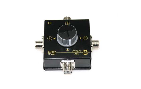 The ZETAGI V3 Antenna Switch is a device designed to switch between three antennas in the frequency range from 0 to 500 MHz. measurements 110 x 110 x 65 mm maximum power 2 kw pep
